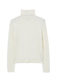 Weißer gestrickter Pullover mit hohem Hals, der ein strukturiertes Rippmuster und lange Ärmel aufweist. Der untere Saum und die Bündchen sind gerippt.