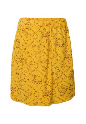 Gul blommig kjol med intrikata bruna paisleymönster, elastisk midja, två sidofickor, knälängd och mjukt texturerat tyg.