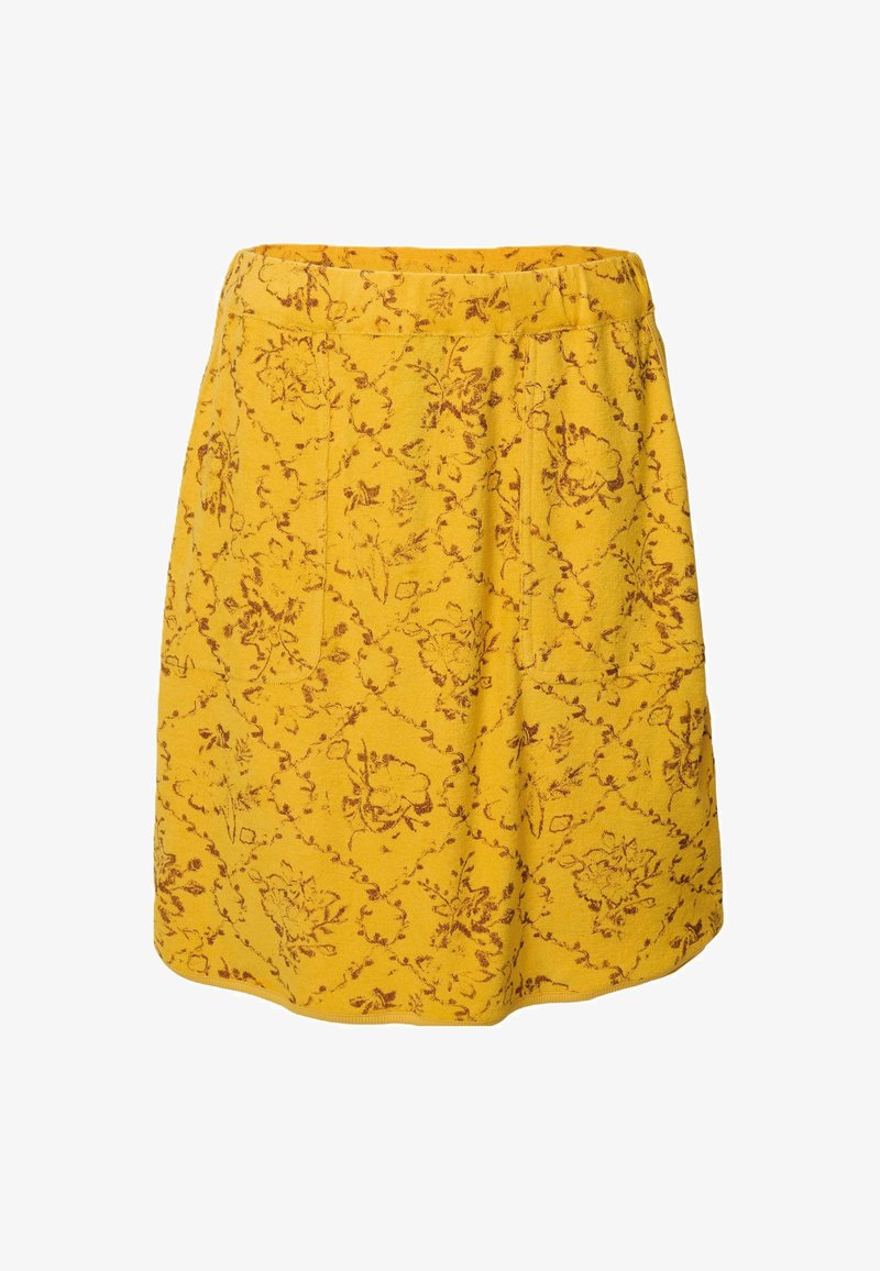 Kollane lilleline seelik keeruka pruun paisleimustikuga, elastse talje, kahe küljetaskuga, põlve pikkuses ja pehme tekstuuriga kangas.