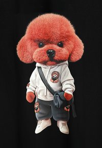 Figura caricaturesca de un perro de peluche con pelaje rojo esponjoso, vestido con una sudadera y pantalones grises, sosteniendo una bolsa negra, todo ello sobre un fondo negro.