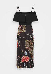 Schwarzes Kleid mit taillierter Oberseite und schulterfreiem Design. Mit einem plissierten Rock mit buntem Blumenmuster. Verstellbare Träger.