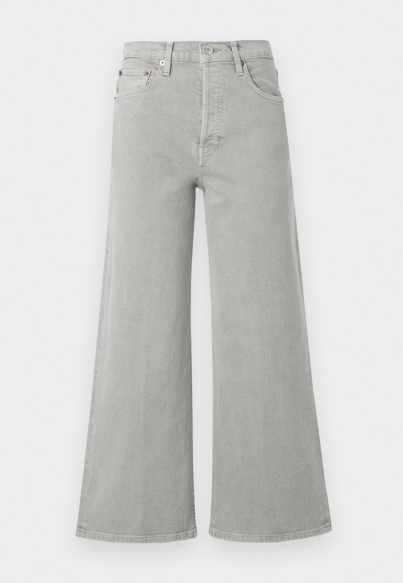 Light gray wide-leg jeans made of denim, featuring a high waist, front pockets, and a button closure. Smooth texture with minimal design details.