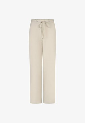 Beige broek met rechte pijpen, elastische tailleband en verstelbaar koord aan de voorkant, zonder zakken of zichtbare versieringen, weergegeven op een witte achtergrond.