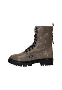 Geklede gevechtslaarzen met veters, voorzien van een spikkelmetallic afwerking in lichtbruin, met een zwarte rubberen zool, vetersluiting, zijrits en logo-detail.