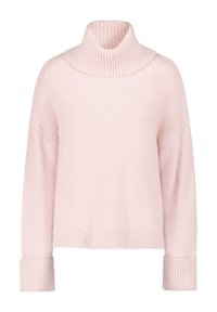 Rosa, weich gestrickter Pullover mit hohem ribbeltem Kragen, abgesenkten Schultern und breiten ribbelten Bündchen. Kastenförmiger Schnitt mit strukturiertem Finish.