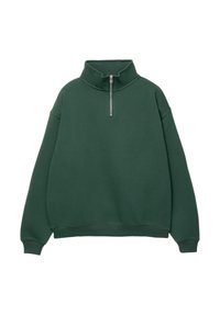 Mørkegrøn, lynlås sweatshirt med høj krave. Lavet af blødt materiale, med dropped shoulders og ribbede manchetter og kant.