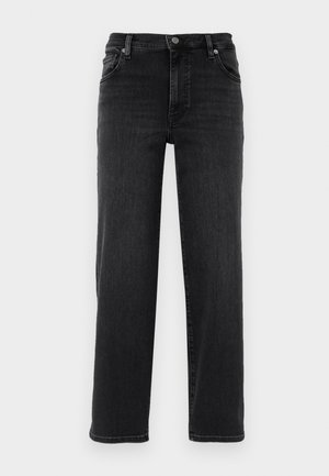Black denim jeans with a straight-leg fit. Features a button closure, five-pocket design, and minimal stitching details. Smooth texture.