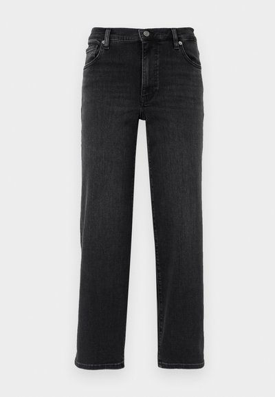 Black denim jeans with a straight-leg fit. Features a button closure, five-pocket design, and minimal stitching details. Smooth texture.