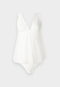 Bela brezrokavka spodnje perilo bodi z čipkastimi košaricami in mrežasto tekočo krilico, globokim V-izrezom in visokim izrezom na spodnjem delu.