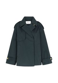 Dark green trench coat with a double-breasted design, featuring large lapels, side pockets, and gold-tone button accents on sleeves.