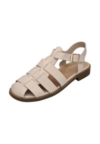 Sandales beiges à lanières avec design tissé, bout ouvert, bride de cheville avec boucle dorée, semelle rembourrée et semelle extérieure en caoutchouc plate.