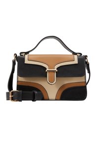 Vícebarevná kabelka se strukturovaným designem. Vyrobena z kůže, obsahuje béžové, hnědé a černé panely, zlaté kovové prvky a odnímatelný popruh.