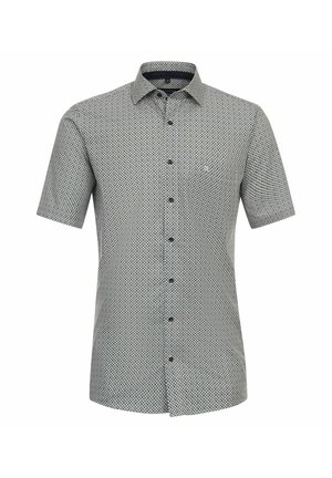 Chemise à manches courtes à boutons avec un motif noir et blanc, dotée d'un col pointu et d'une poche avant, en tissu texturé.