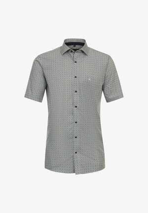 Koszula zapinana na guziki z krótkim rękawem w czarno-białym wzorze, z kołnierzykiem w szpic i kieszonką z przodu, wykonana z fakturowanej tkaniny.