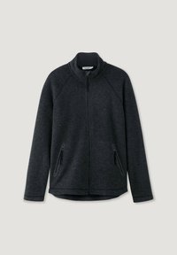 Veste en polaire grise foncée avec col montant, fermeture éclair à l'avant et deux poches zippées sur les côtés. Dispose de manches raglan et d'une texture lisse.