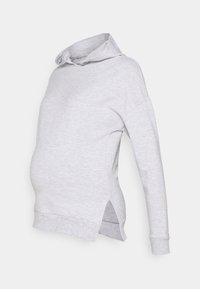 Ljusgrå graviditetshuvtröja med en stor framficka, långa ärmar, sidofickor och en huva, visad mot en enkel bakgrund.