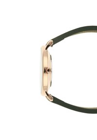 Rond horloge met een roségouden metalen kast, witte wijzerplaat en groene leren band. Voorzien van een push-pull kroon en een gladde afwerking.