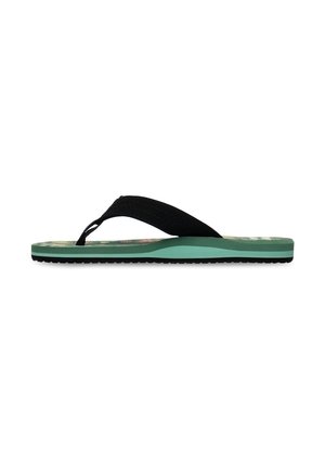 Schwarze Flip-Flops mit strukturiertem Riemen und grünem Außensohle. Die gemusterte Fußbett zeigt florale Details, mit einer dünnen schwarzen Gummisohle.