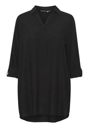 Black, button-up shirt with a collar, three-quarter sleeves, a V-neckline, and dotted pattern throughout. Soft fabric and curved hemline.