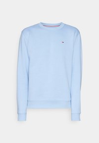 Sweatshirt bleu clair à col rond avec manches longues et petit logo rectangulaire sur la poitrine gauche, sur fond blanc.