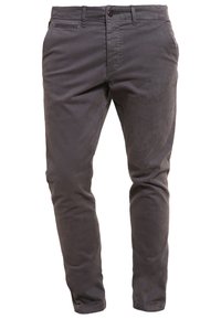 Szare bawełniane spodnie chino o zwężanym kroju, z zapięciem na guzik, przednimi kieszeniami i gładką fakturą. Prosty design bez widocznych wzorów.