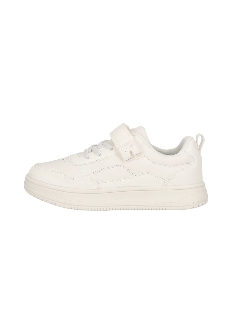 Weißer Sneaker aus Leder mit runder Zehenform, Schnürverschluss, Klettverschluss, strukturiertem Seitenpanel und Gummisohle.