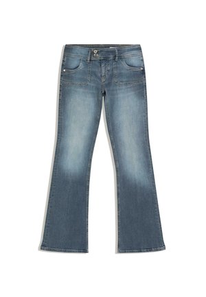 Modré džínové kalhoty se mírně rozšířenými nohavicemi, předním zapínáním na dva knoflíky a předními našitými kapsami.