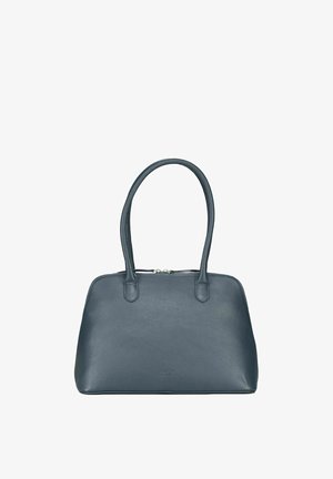 Sac à main en cuir bleu foncé avec une texture lisse, une forme arrondie et deux poignées. Doté d'une fermeture éclair et d'un logo discret à l'avant.