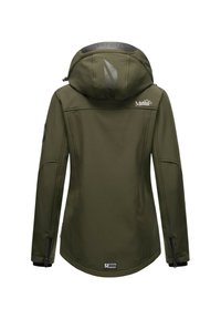 Olive green softshell jacket with hood, long sleeves, zipper cuffs, and "Marikoo Mountain" logo on upper back and patch near hem.