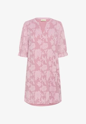 Light pink, knee-length dress made of sheer fabric, featuring an embossed floral pattern, V-neck, and short puff sleeves.