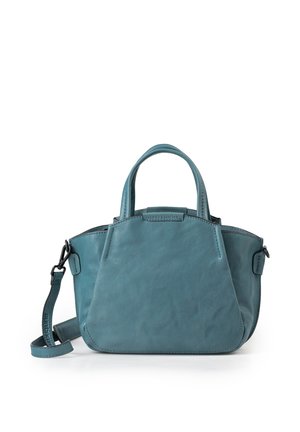 Borsa a mano in pelle blu con doppio manico e tracolla regolabile, dalla forma morbida e arrotondata, con una sottile impressione del marchio sul davanti.