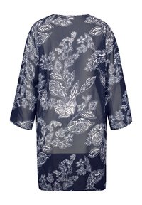 Navy blue, przejrzysty kimono z długim rękawem, z białymi kwiatowymi i liściastymi wzorami, luźny krój, sięgające do połowy uda.