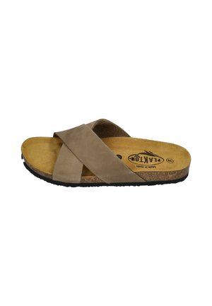 Brown slide sandal with crossed straps, cork footbed, black sole, and "Plakton Made in Spain" logo on the insole, size 38.
