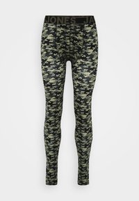 Camouflage-patterned leggings in shades of green and gray, made from a stretchy fabric, featuring a black waistband with the word "JONES."