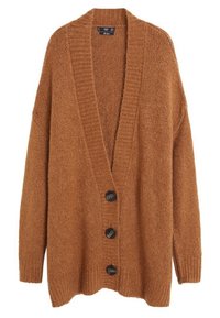 Brun strikket cardigan med v-udskæring, oversized pasform, ribbede manchetter og fire runde sorte knapper langs fronten. Blød tekstur og afslappet design.