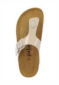 Lys beige slide sandal med en blank rem, justerbar spænde og brunt ruskindsinderside. Har mærkets logo og størrelse angivet indeni.
