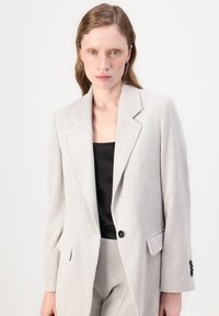Lys grå blazer med smalle striber lavet af tekstureret stof, med stikklap, enkelt knaplukning og sidelommer.