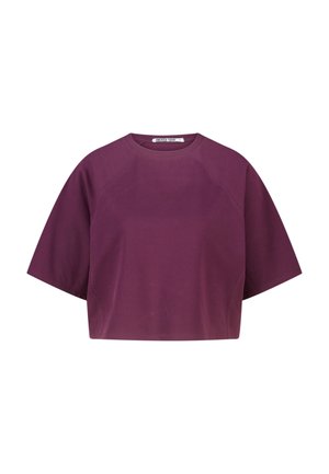 Purple cropped short-sleeve sweatshirt with crew neckline and subtle front logo, displayed against a white background.