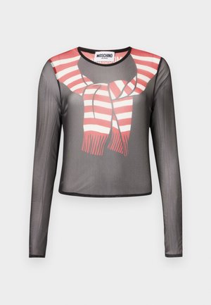 Svart skjør langermet topp med rødt og hvitt stripete skjerf trykt og knyttet ved halsen, Moschino Jeans-merke inne i kragen.