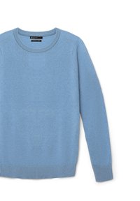 Hellblaues Sweatshirt mit rundem Halsausschnitt, gerippten Bündchen und Saum. Der Stoff wirkt glatt, mit einer soliden, gleichmäßigen Textur. 