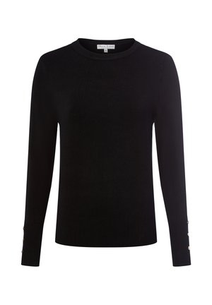 Schwarzer Pullover mit langen Ärmeln, runder Ausschnitt und Knopfdetails an den Bündchen. Hergestellt aus einem weichen, flexiblen Stoff mit glatter Textur.