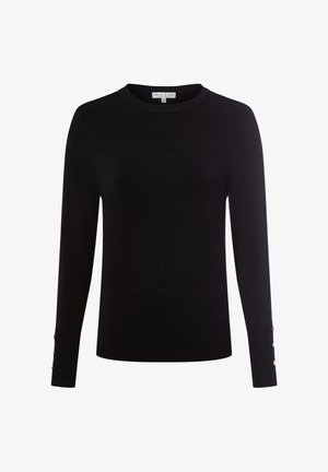 Maglione nero a maniche lunghe con scollatura rotonda e dettagli di bottoni sui polsini. Realizzato in un tessuto morbido e flessibile con una texture liscia.