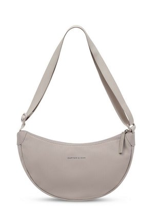 Lichtgrijze halvemaanvormige schoudertas met verstelbare band en rits, voorzien van het merk "KAPTEN & SON" middenvoor.