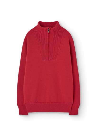 Rød pullover med høj krave og halvlukning. Fremstillet af blødt strikkemateriale, med ribbede detaljer på kraven og manchetterne.