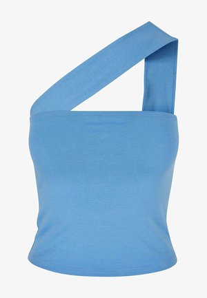 Haut sans manches bleu clair avec une large bretelle unique, fabriqué dans un tissu lisse avec une coupe ajustée et des bordures nettes.