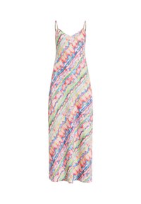 Robe maxi à fines bretelles, présentant un motif tie-dye coloré en vagues de rose, bleu, vert et jaune sur un tissu léger.