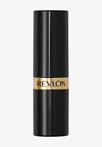 Tube de rouge à lèvres cylindrique noir avec une finition lisse, comportant une bande dorée inscrite "REVLON". Design élégant sans motifs supplémentaires.