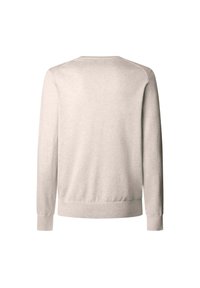 Suéter de color beige claro con mangas largas, cuello redondo y puños acanalados. Hecho de material suave con una textura lisa. Sin patrones visibles.