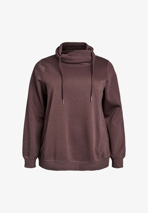 Hnedý mikina s kapucňou a golierom, dlhými rukávmi, bočnými vreckami a šnúrkami na stiahnutie. Mäkká látka s textúrovaným povrchom.