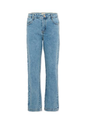 Jasnoniebieskie dżinsy o prostych nogawkach z przodu na guzik, zamkiem błyskawicznym i pięcioma kieszeniami, prezentowane na białym tle.